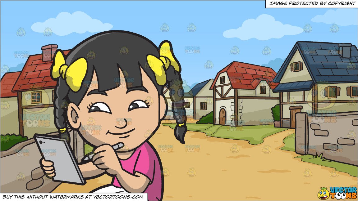 1152x648 An Asian Girl Drawing Something On Her Mobile Tablet And A Small - Medieval Village Drawing