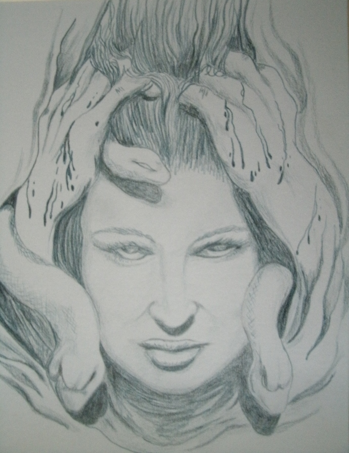 690x894 medusa drawing, original fine art - Medusa Face Drawing
