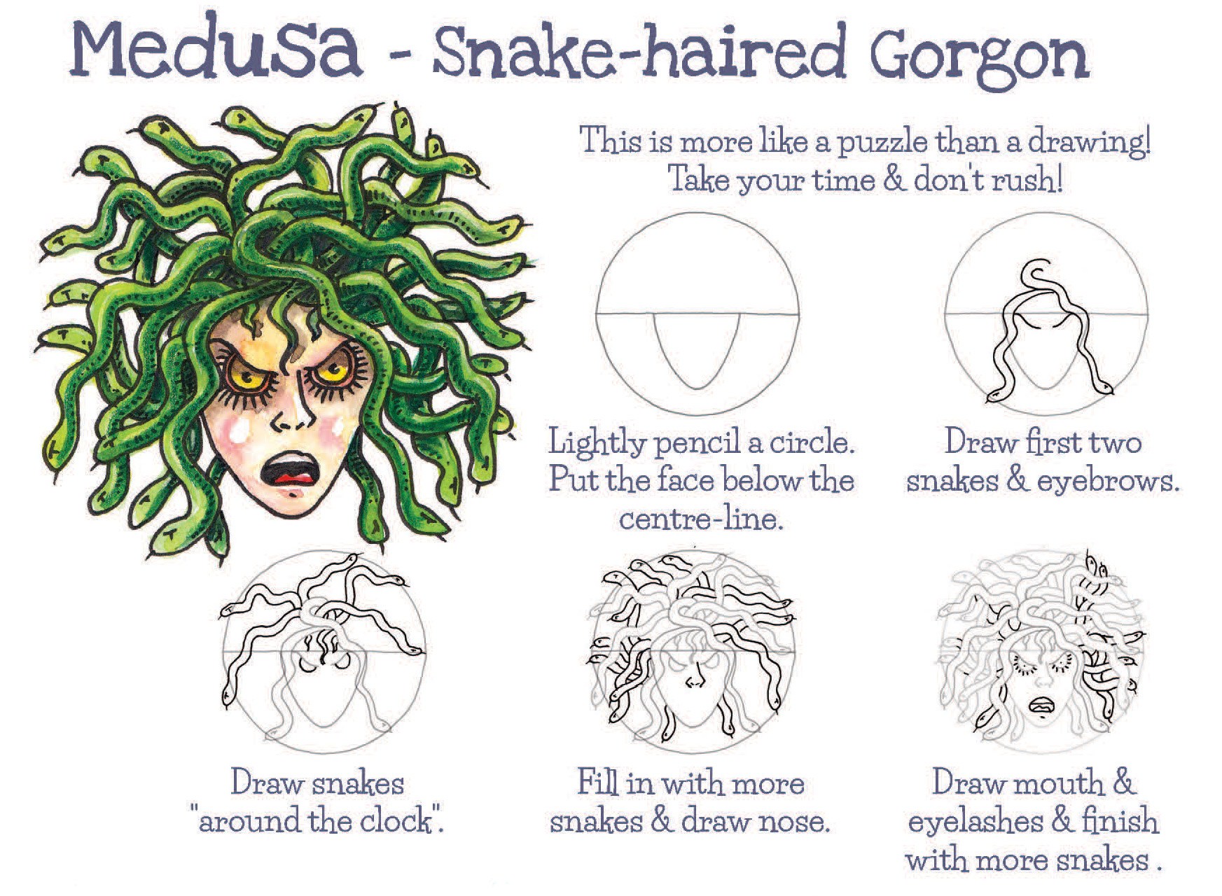 1745x1280 How To Draw Medusa The Gorgon Real Easy Shoo Rayner Author - Medusa Line Drawing