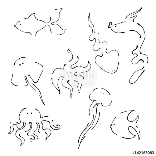 500x500 Set Of Vector Black And White Illustration Of Sea Animals Fish - Medusa Line Drawing