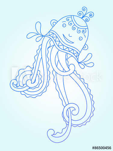 375x500 Blue Line Drawing Of Sea Monster, Underwater Decorative Medusa - Medusa Line Drawing