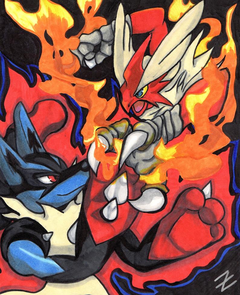 794x975 pokemon mega lucario vs mega blaziken drawing etsy - Mega Blaziken Drawing