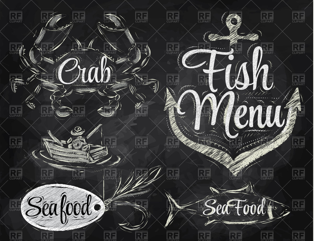 1200x921 set of seafood and fish menu drawing with chalk on blackboard - Menu Drawing