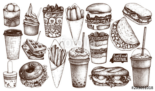 500x293 street food festival menu vintage sketch collection fast food - Menu Drawing