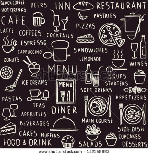 472x493 vector seamless pattern background with hand drawn food, drink - Menu Drawing