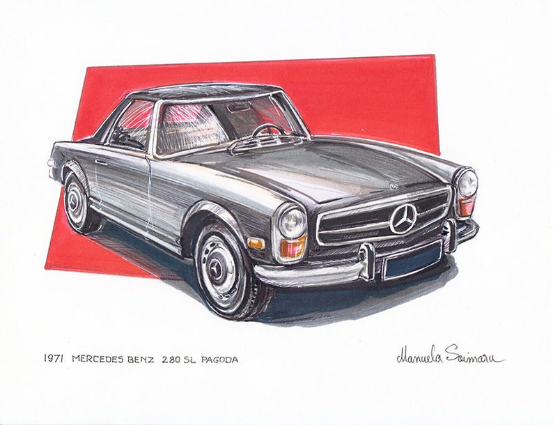 794x610 mercedes benz sl pagoda sports drawing car print etsy - Mercedes Drawing