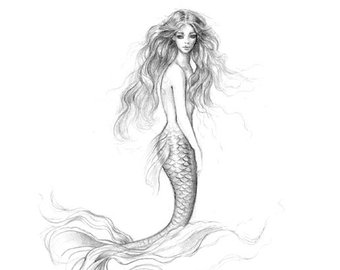 340x270 Mermaid Pencil Sketch Etsy - Mermaid Black And White Drawing