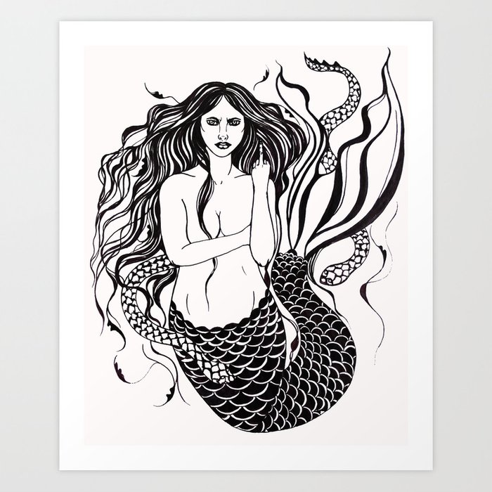 700x700 Angry Mermaid Ink Drawing Art Print - Mermaid Black And White Drawing