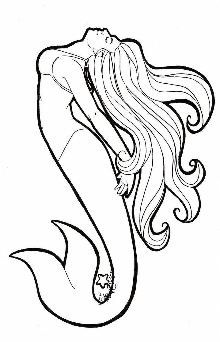 718x1112 brave outline mermaid tattoo design - Mermaid Black And White Drawing