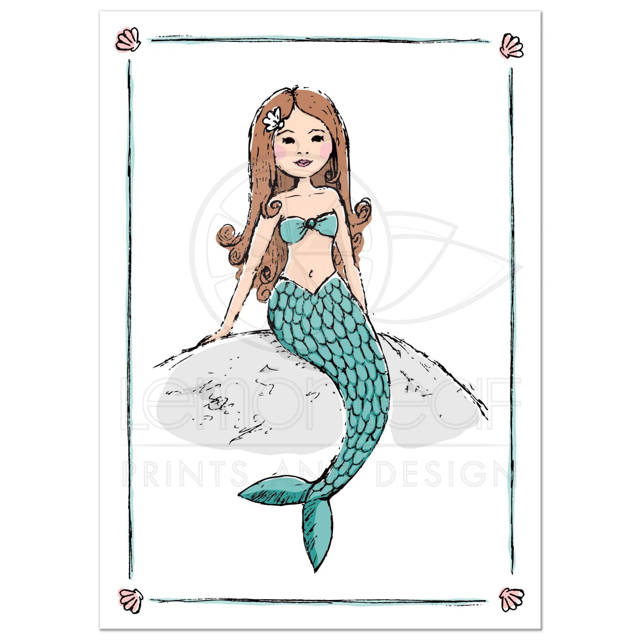 2175x2175 beautiful mermaid sitting on a rock with seashell border wall art print - Mermaid Drawing For Kids