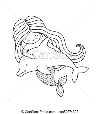 415x470 Mermaid, Swimming With Cute Dolphin Cartoon Character Vector - Mermaid Drawing Outline