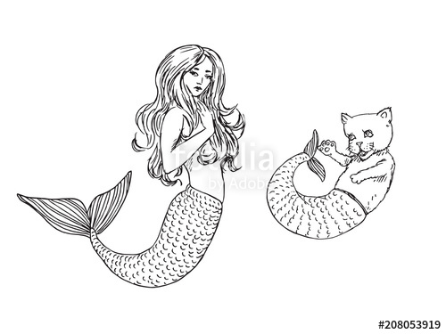 500x375 mermaid and cat with fish tail, hand drawn outline doodle sketch - Mermaid Drawing Outline