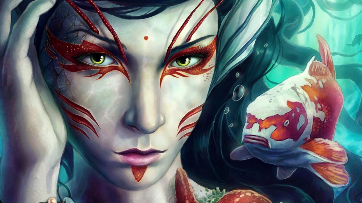 1244x700 Fish Mermaid Face Drawing Wallpaper Wallpaperup - Mermaid Face Drawing