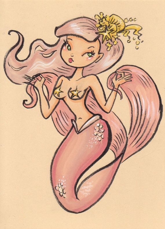 570x789 Pink Pin Up Mermaid Girl Original Drawing Art Of Daisy Church - Mermaid Girl Drawing
