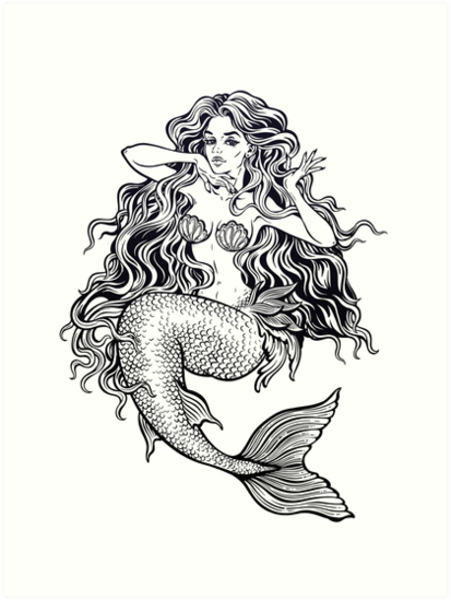 413x549 beautiful mermaid girl with fairytale hair art art prints - Mermaid Girl Drawing