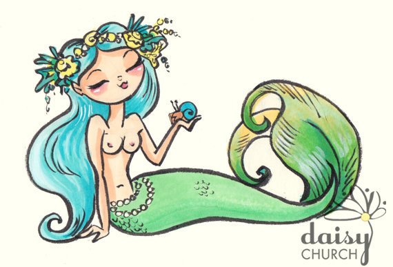 570x387 Blue Green Pin Up Mermaid Girl Original Drawing - Mermaid Girl Drawing