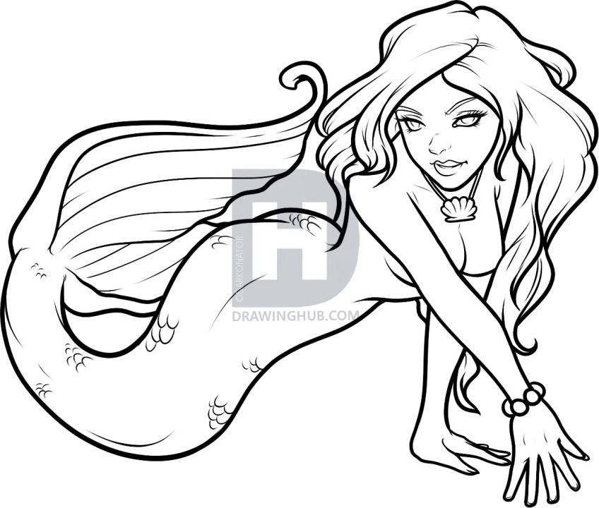 848x720 how to draw a mermaid girl, mermaid girl, step - Mermaid Line Drawing