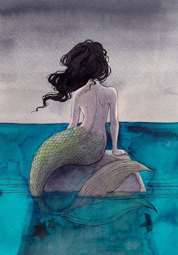570x813 mermaid sitting on a rock, back facing out tattoo inspiration - Mermaid On A Rock Drawing