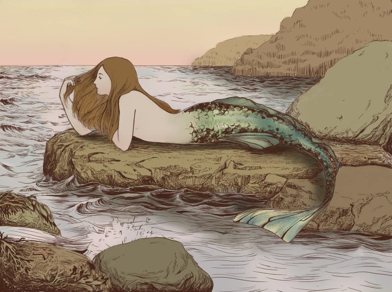 794x593 the mermaid's rock drawing art print pen and ink etsy - Mermaid On A Rock Drawing