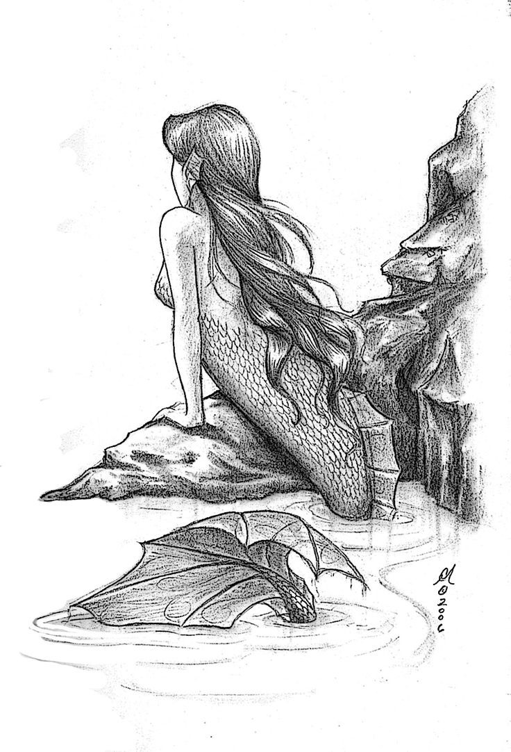 736x1082 black and white drowing mermaid looking out of rocks tattoo design...