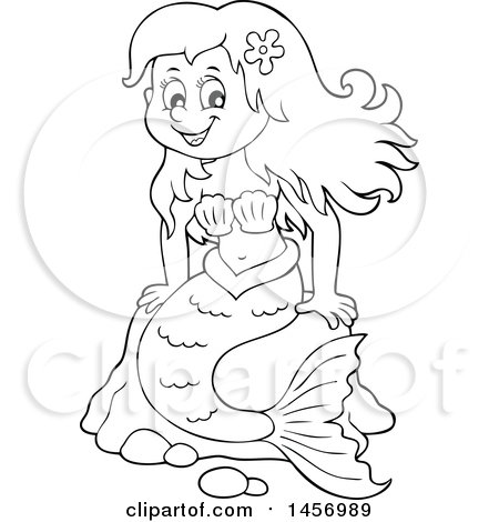 450x470 clipart of a cartoon black and white mermaid sitting on a rock - Mermaid Sitting On A Rock Drawing