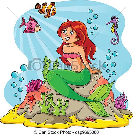 450x456 mermaid and friends mermaid sitting on a rock with fish around her - Mermaid Sitting On A Rock Drawing