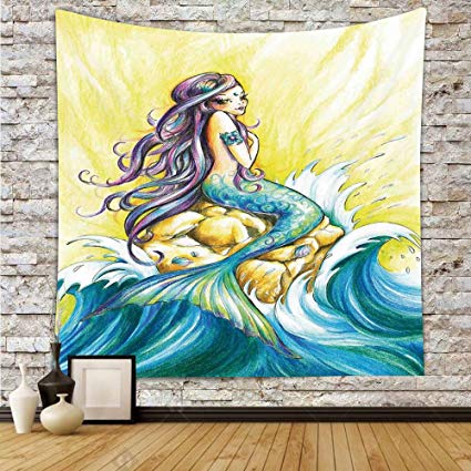 425x425 polyester tapestry wall hanging,mermaid,magical - Mermaid Sitting On A Rock Drawing