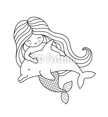 370x400 mermaid, swimming with cute dolphin cartoon character vector - Mermaid Swimming Drawing