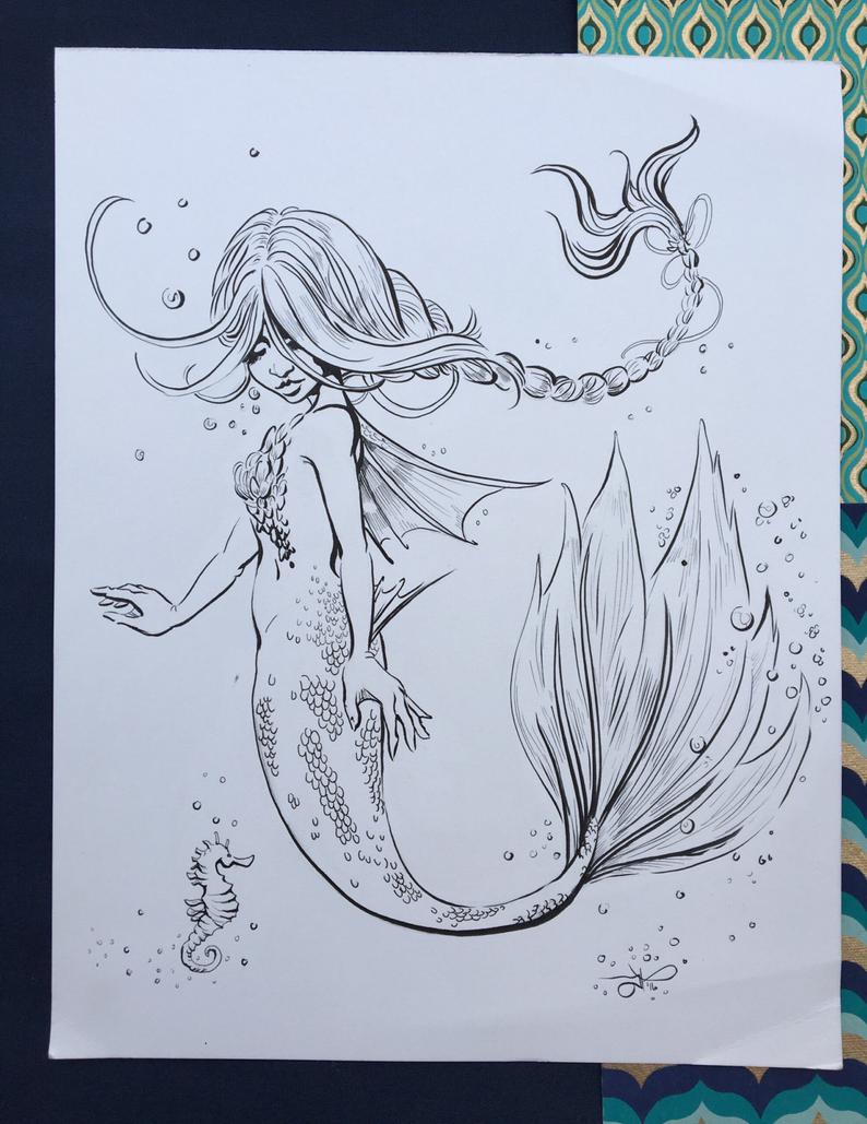 794x1029 Mermaid And Seahorse Original Ink Drawing Of A Long Haired Etsy - Mermaid Swimming Drawing