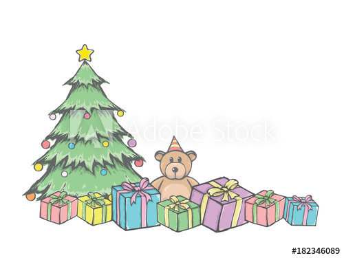 500x375 merry christmas with decorations pine tree gift boxes with teddy - Merry Christmas Tree Drawing