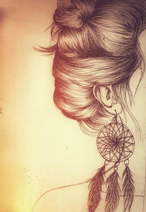 500x724 drawing girl black and white hippie feathers dream catcher messy - Messy Bun Drawing