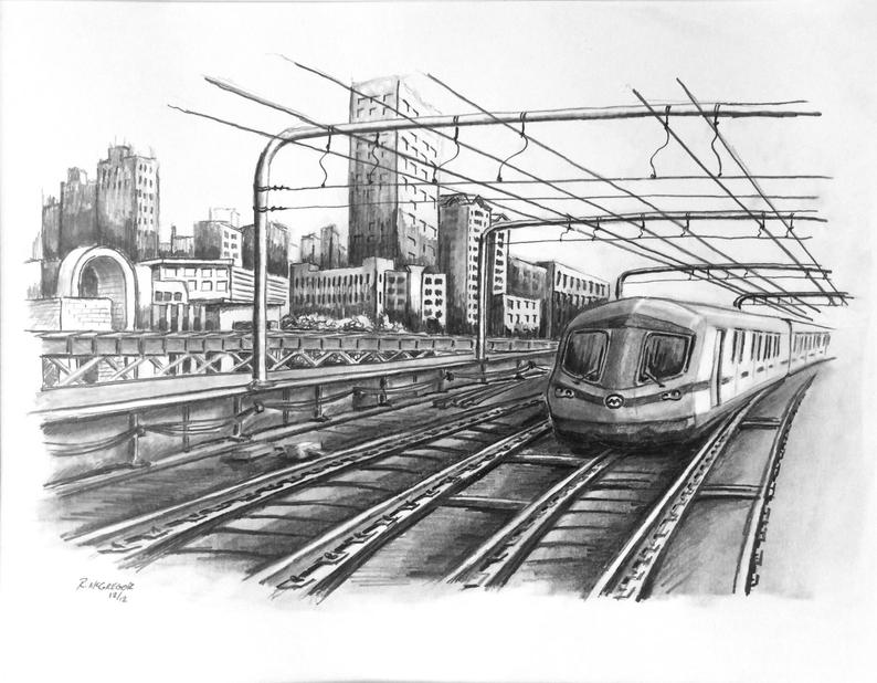 794x618 shanghai subway pencil drawing scenery drawing custom etsy - Metro Drawing