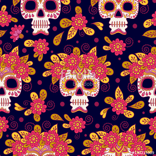 500x500 Skull And Flowers Seamless Background Mexican Day Of The Dead - Mexican Flowers Drawing