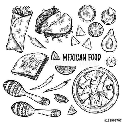 500x500 hand drawn vector illustrations - Mexican Food Drawings