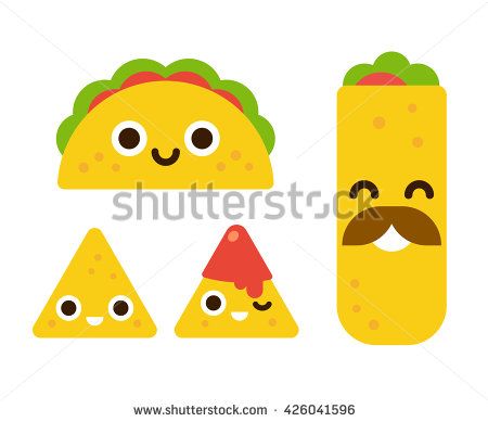 450x389 mexican food with cute smiling faces taco, burrito and nachos - Mexican Food Drawings