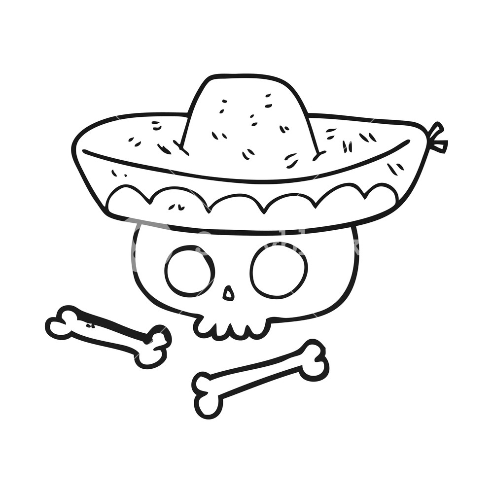 1000x1000 Freehand Drawn Black And White Cartoon Skull In Mexican Hat - Mexican Hat Drawing