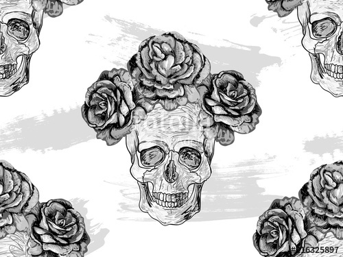 500x375 seamless black and white mexican pattern with skulls and roses - Mexican Rose Drawing