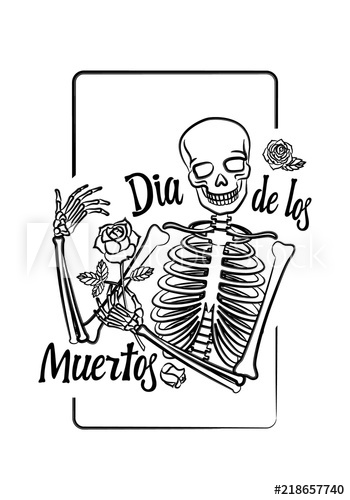 350x500 black graphic of human skeleton with smiling skull, holding rose - Mexican Rose Drawing