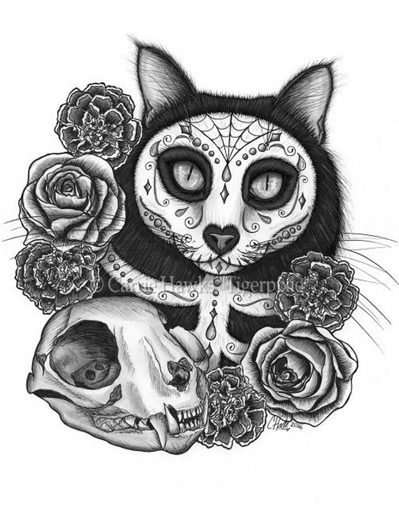 570x737 day of the dead cat skull art cat drawing gothic mexican sugar etsy - Mexican Sugar Skull Drawings