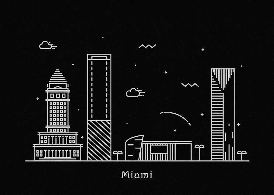 900x642 miami skyline travel poster drawing - Miami Drawing