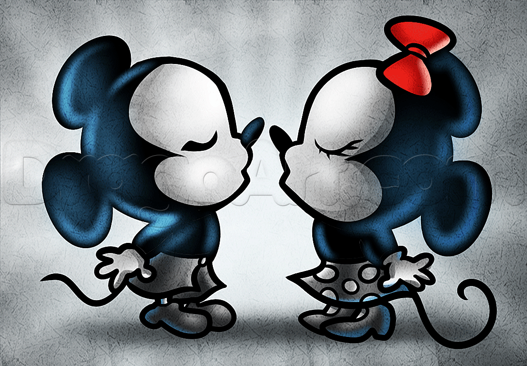 1087x755 How To Draw Mickey And Minnie Kissing, Step - Mickey And Minnie Drawing