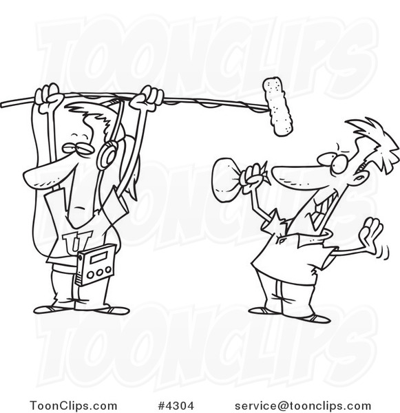 581x600 cartoon black and white line drawing of a guy holding a boom - Microphone Line Drawing