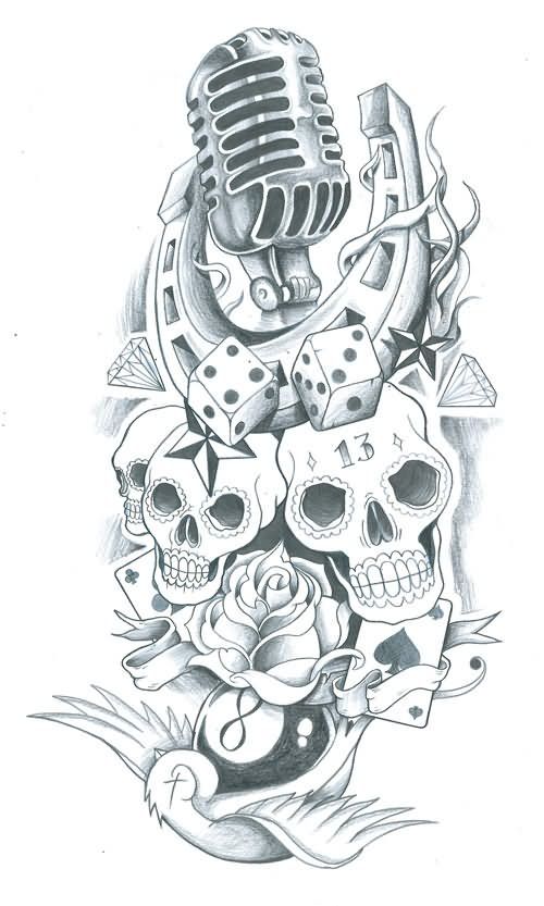 500x833 horseshoe with skulls and microphone tattoo design tattoo shit - Microphone Tattoo Drawings