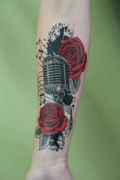 400x600 ink spots roses and microphone tattoo - Microphone Tattoo Drawings