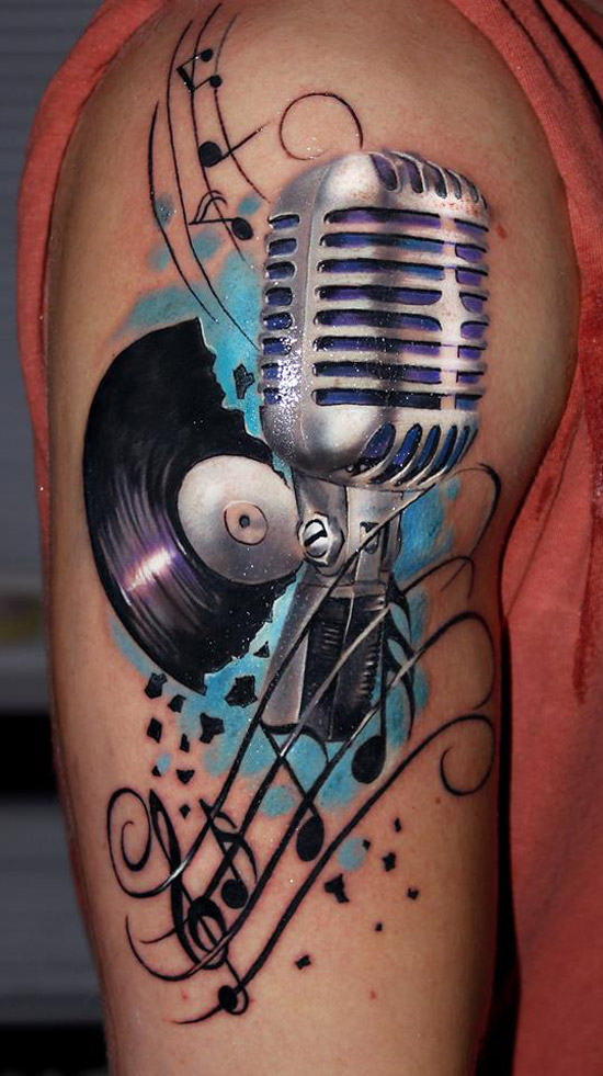 550x981 Retro Music, Microphone, Music Notes Best Tattoo Design Ideas - Microphone Tattoo Drawings