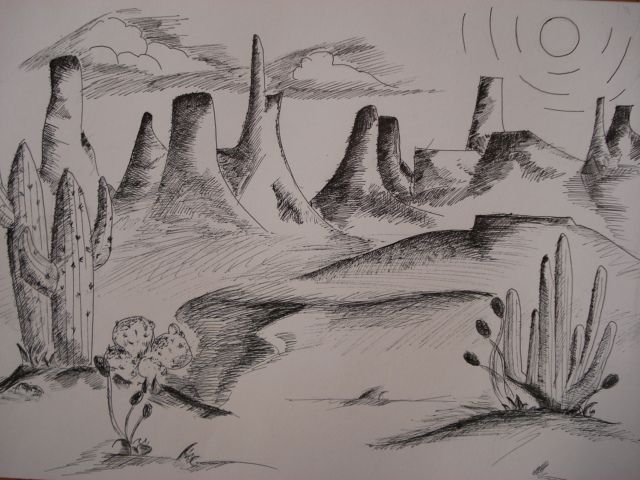 640x480 southwestern pen ink landscape drawing, highmiddle school art - Middle School Drawing