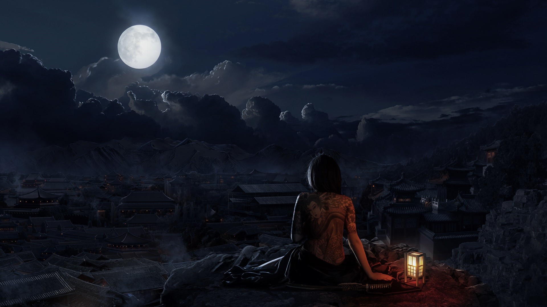 1920x1078 wallpaper drawing, night, tattoo, moon, moonlight, oriental - Midnight Drawing