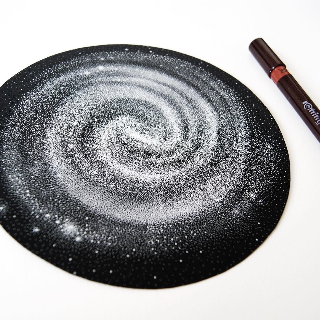 1080x1078 stippled black and white illustrations of star packed galaxies - Milky Way Drawing