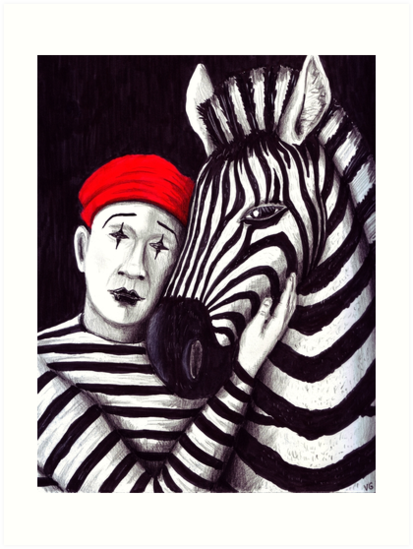 413x549 zebra and mime pen, ink, and colored pencils drawing art prints - Mime Drawing