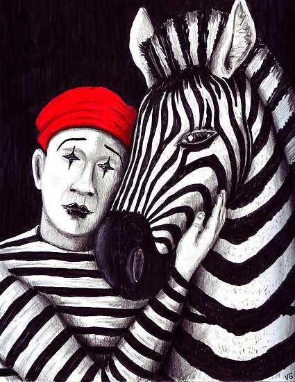 425x550 zebra and mime pen, ink, and colored pencils drawing posters - Mime Drawing